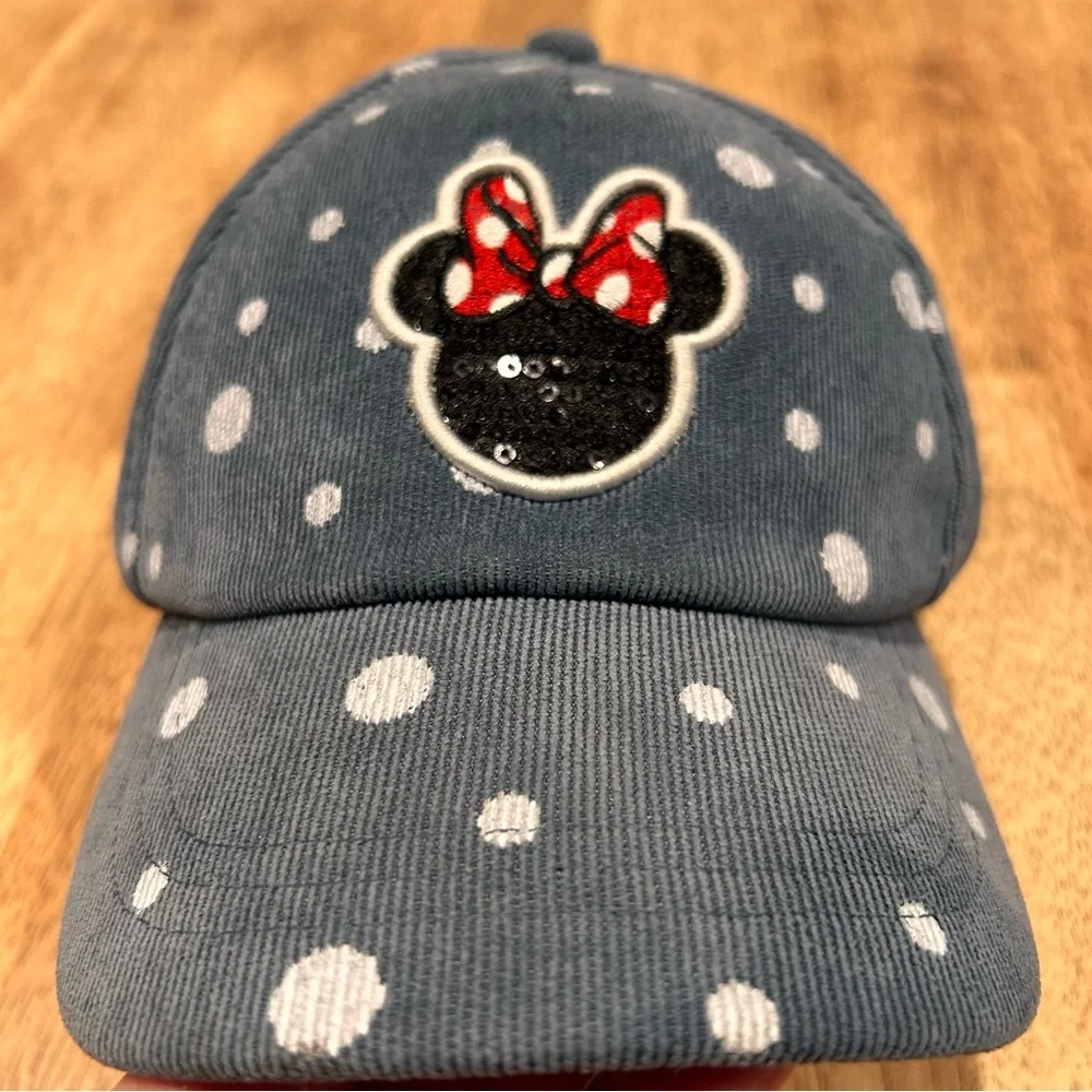 Disney Baseball Hat Kids Blue Corduroy‎ Minnie Mouse Polka Dot Sequins